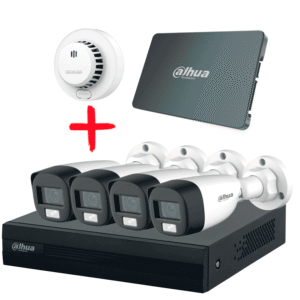 DAHUA PAQ-DH-XVR1B04-I/DH-HAC-HFW1200CLN-DHI-HY-SA13A - Kit Iluminación Dual de 4 Canales con SSD de 512GB/ 4 Camaras IL de 2 Megapixeles con Microfono/ Regalo Detector de Humo Stand Alone DHI-HY-SA13A
