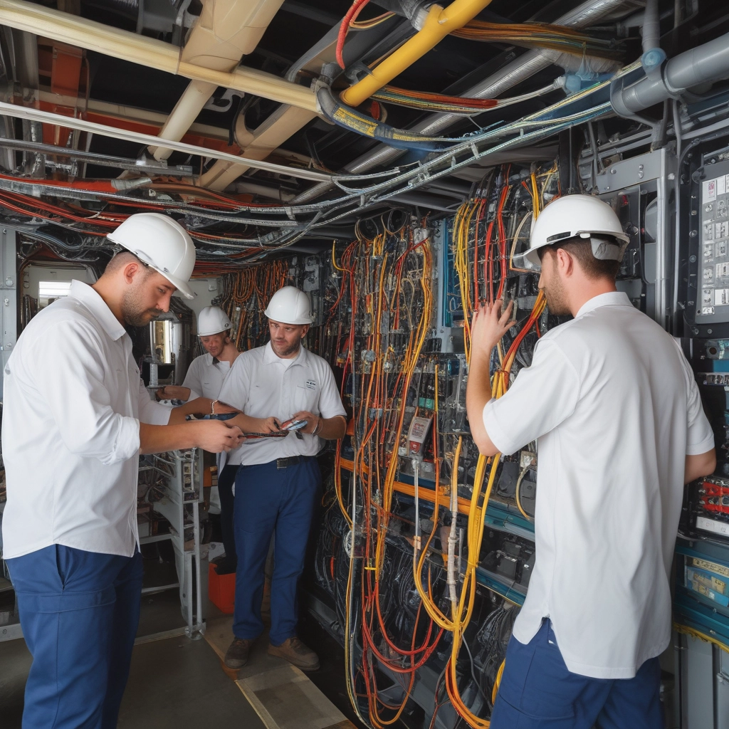 Technician installing structured cabling in an industrial setting with tools and cables.